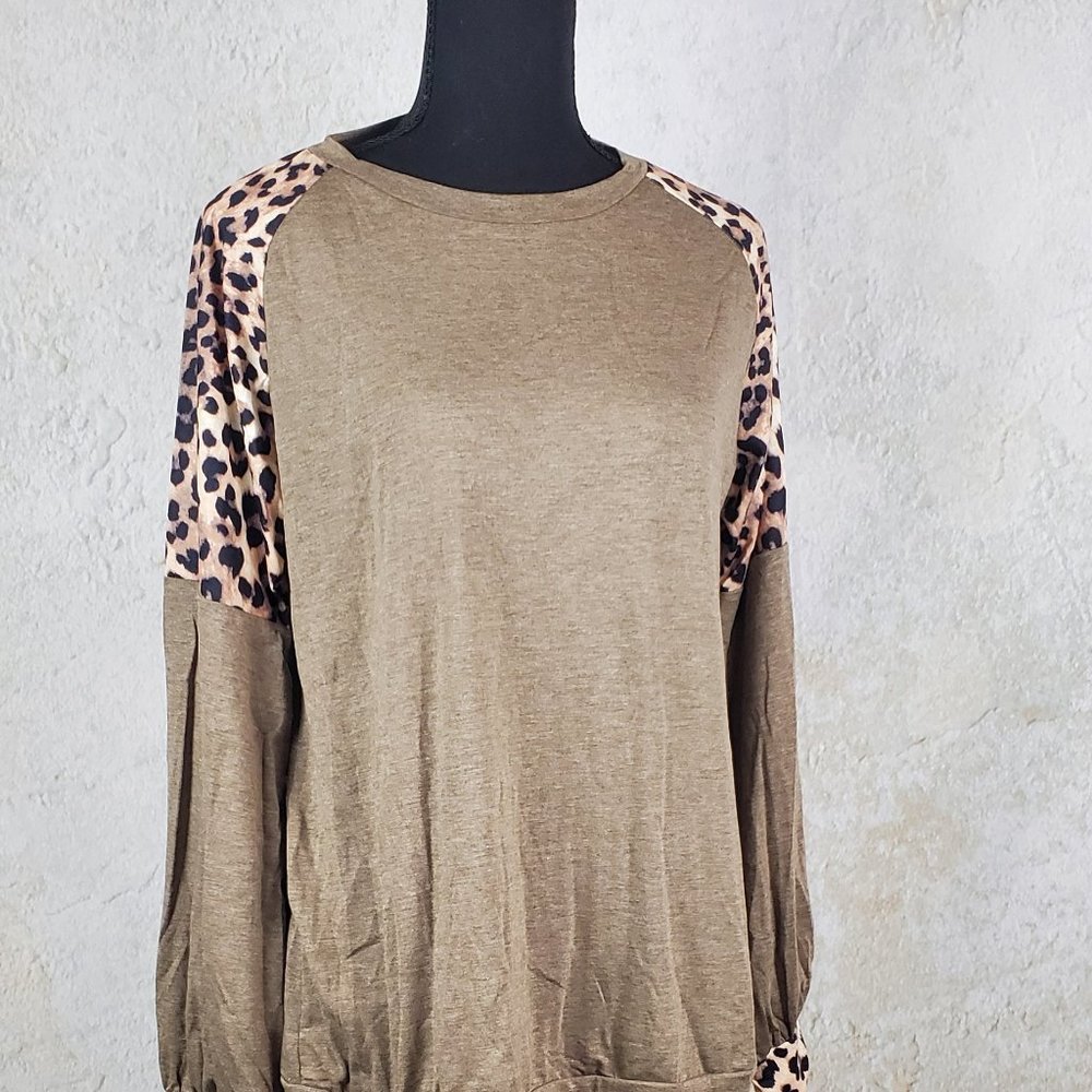 Khaki and Leopard Print Long Sleeve T-Shirt